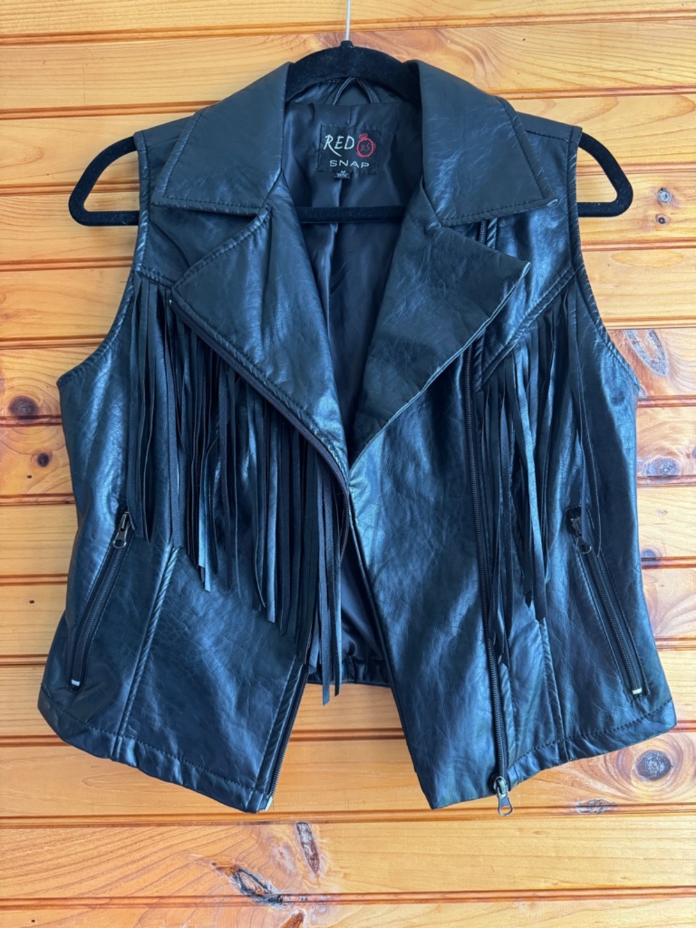 Red Snap Black Faux Leather Fringe Moto Vest M Cropped Biker Festival Western